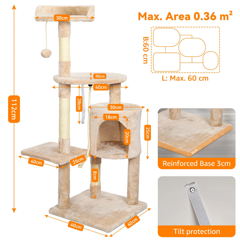 🐾 Árvore de Gato 112 cm – Torre Arranhador com Plataformas e Cama Confortável